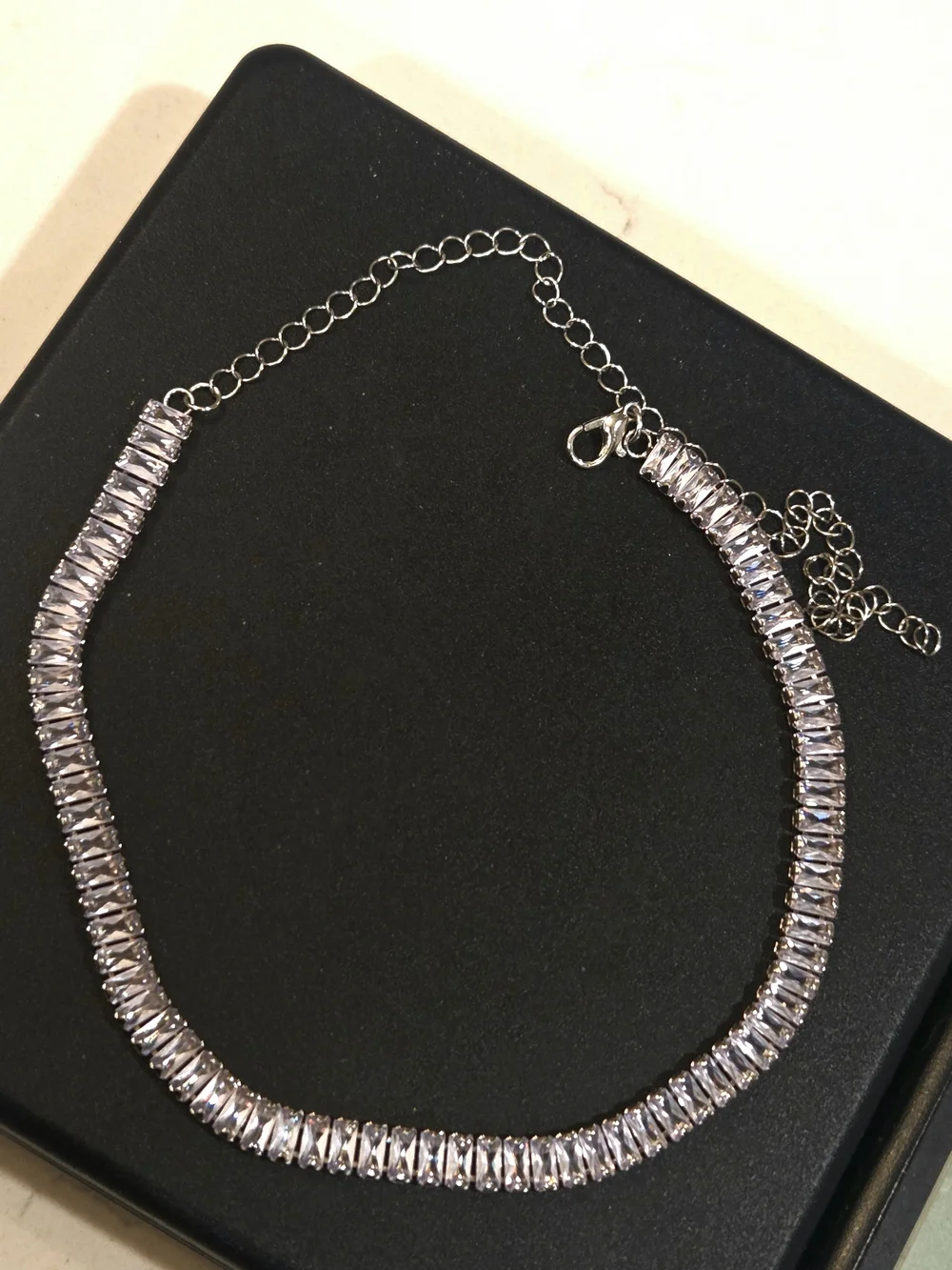 Silver Crystal Baguette Tennis Necklace - Women's Sparkling Jewelry - Picture 9 of 11